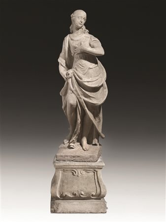 Figura femminile allegorica, sec. XVIII, in pietra di Vicenza, abbigliata...