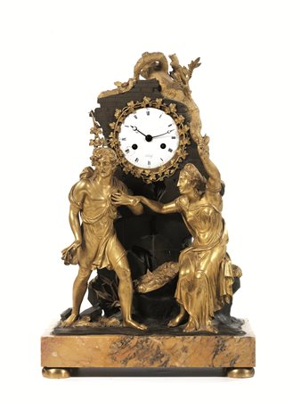 Orologio da tavolo, in bronzo e bronzo dorato, quadrante in smalto bianco con...