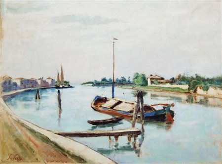 SEIBEZZI FIORAVANTE Venezia 1906 - 1975 Barche in laguna olio su tela 65x82,5...