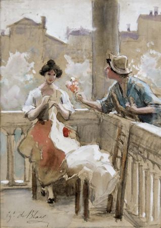 DE BLAAS EUGENIO Albano Laziale 1845 - Venezia1931 Idillio acquerello su...