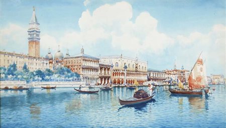 BONIVENTO EUGENIO Chioggia 1880 - Milano 1956 Gondole in laguna acquerello su...