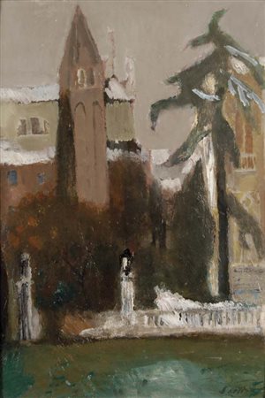 SAETTI BRUNO Bologna 1902 - Venezia 1984 Nevicata 1947 olio su cartone 50x35...