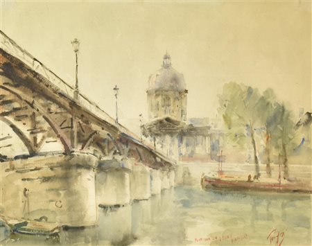 Ignoto PONT SUR LA SEINE PARIS acquerello su carta, cm 40x50 firma, titolo e...