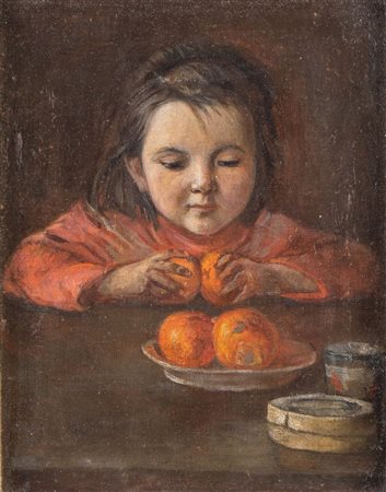 Maestro del XX secolo "Bambina con frutta". Olio su tela. Cm 34x27.