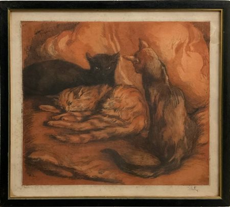 Alfredo Muller "Les Trois Chats" 1902
acquaforte e acquatinta a colori
(lastra c