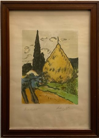 Ardengo Soffici "Pagliaio e cipressi" 1962
litografia a colori - prova d'artista