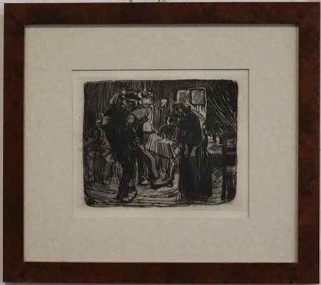 Kathe Kollwitz "Hamburger Kneipe" 
vernice molle
lastra cm 19x23. In cornice

Pr