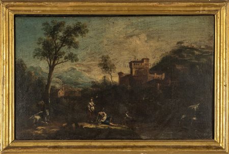 Scuola veneta sec.XVIII "Paesaggio con figure" 