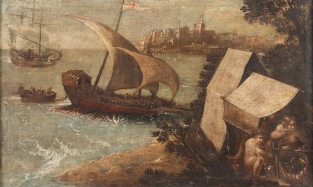 Maestro del XVII secolo. "Paesaggio". Olio su tela. Cm 60,5x95,5.