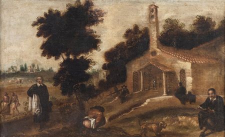 Maestro del XVII secolo. "Paesaggio". Olio su tela. Cm 60,5x95,5.