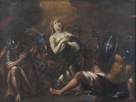 Maestro del XVII secolo. "Martirio di Santa Caterina". Olio su tela. Cm 71,5x97,5.