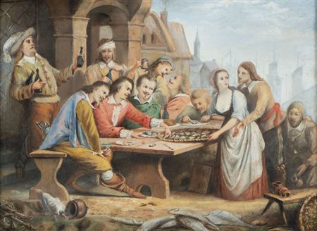 Maestro fiammingo del XIX secolo. "Scena di osteria". Olio su tela. Cm 50x67,5.