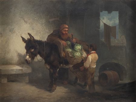 SALVATORE MAZZA (Milano 1819 - 1886) "Frate con asino". Olio su tela. Cm...