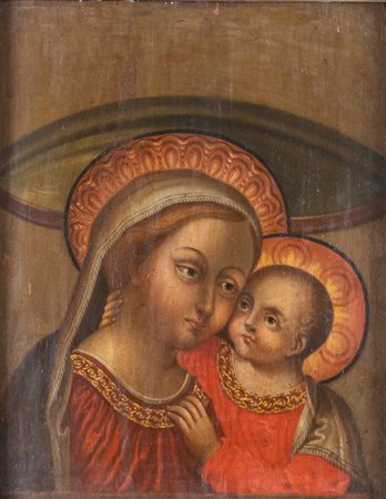 Maestro del XVII secolo. "Madonna con bambino". Olio su tavola. Cm 49x37,5.