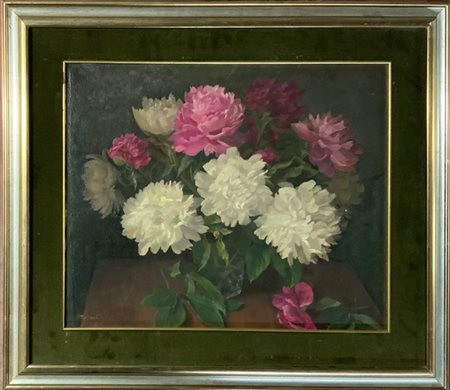 Ignoto del XX secolo, "Vaso con fiori" olio su tela (cm 50x60) Firmato in basso