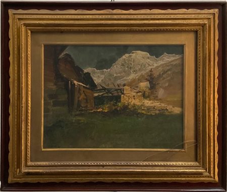 Cesare Gheduzzi "Paesaggio montano", olio su compensato, cm 30x40, Firmato in ba