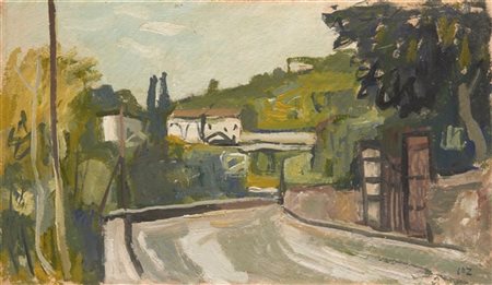 Carlo Dalla Zorza "Asolo" agosto 1955, olio su cartone (cm 14x24,5) Siglato in b