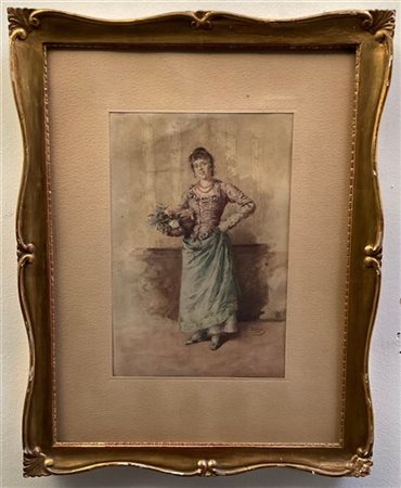 Domenico Induno "Donna con fiori" 1850, acquerello su carta (cm 28x20,5) Firmato