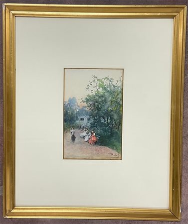 Paolo Sala "Dame ai giardini" acquerello su carta (cm 22,5x14) Firmato in basso