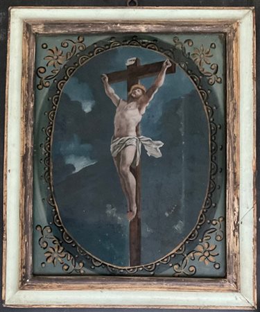 Arte del secolo XVIII, Cristo crocefisso, verre-peint (cm 44x35) In cornice