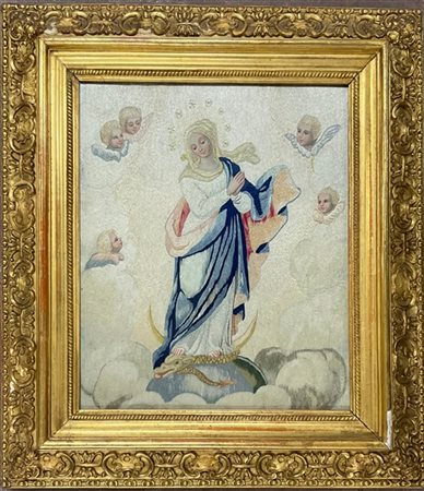 Arte del secolo XIX, ricamo su seta raffigurante Immacolata Concezione (cm 27,5