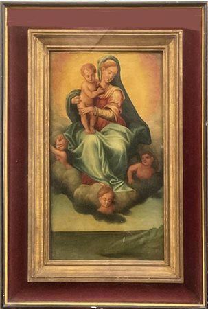 Scuola del XVIII secolo, Madonna con Bambino, olio su tavola (cm 45x24,5) in co