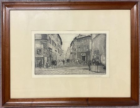 Carlo Cainelli "Via S. Agostino, Firenze" acquaforte (cm 19 x33,5 cm. foglio 41x