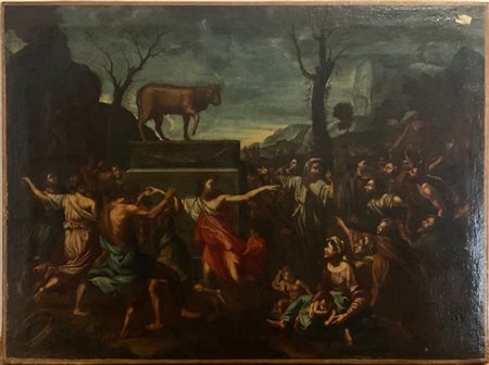 Ignoto, da Poussin, Il vitello d'oro, olio su tela (cm 73x97,5) difetti e resta