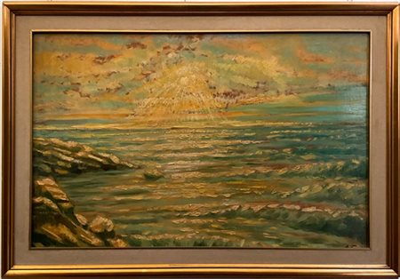 Antonio Nardi "Paesaggio marino al tramonto" olio su compensato (cm 61x97) firma