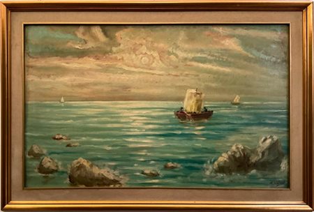 Antonio Nardi "Paesaggio marino con barca" olio su compensato (cm 61x97) firmato