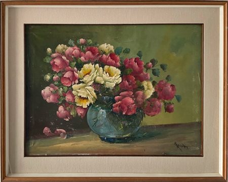 Firma indecifrata, "Composizione con fiori" olio su tela (cm 50x70) Firmato in