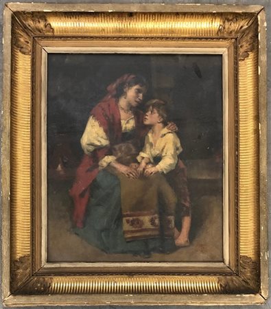 Ignoto del XIX secolo "Popolana con bambino" olio su tela (cm 55x46) Monogramma