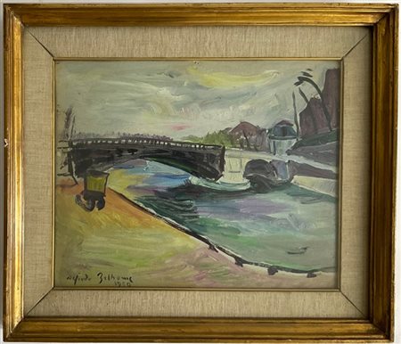 Alfredo Beltrame "Pont Sully, Paris" 1950, olio su cartone (cm 33x41) Firmato e