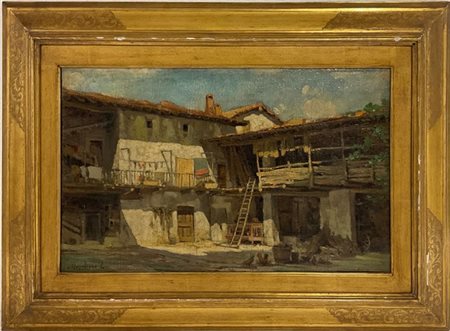 Edoardo Marchioro "Cortile" olio su tela (cm 35x56,5) Firmato in basso a sinistr