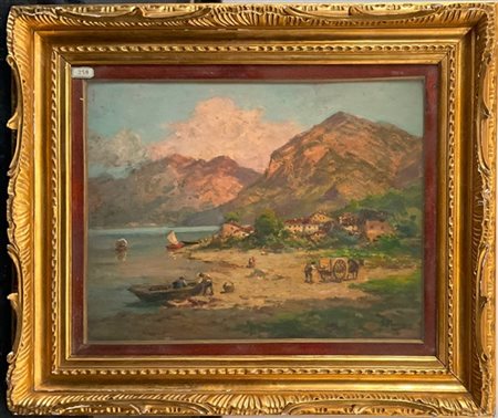 Ignoto "Lago d'Iseo" olio su cartone (cm 37x47) Firmato S.Poma in basso a destra. In cornice (difetti)