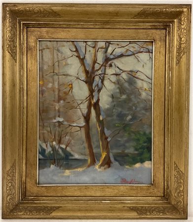 Firma indecifrata “Albero innevato” olio su tela (cm 38x47,5) firmato e datato