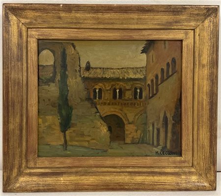 M. Cecconi, "Cortile con cirpresso" olio su cartone (cm 31,5x38) Firmato in bas