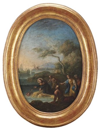 Scuola del XVIII secolo, Scena miracolosa, olio su tela ovale (cm 29x41) in cor