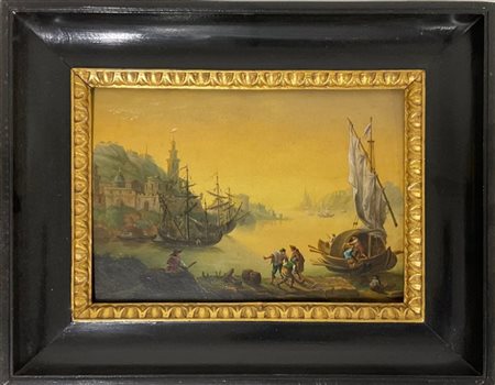 Scuola del XIX secolo, Marina con velieri, olio su tavola (cm 25x35) in cornice