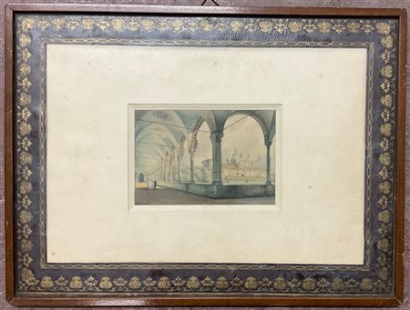 Luigi Bisi "Veduta della Certosa di Pavia" acquerello su carta (cm 8x11,5) Firma