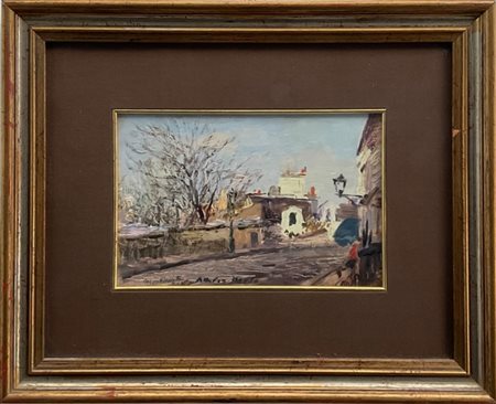 Attilio Melo "Montmartre" 1982 olio su faesite (cm 13,5x20) Firmato e locato in