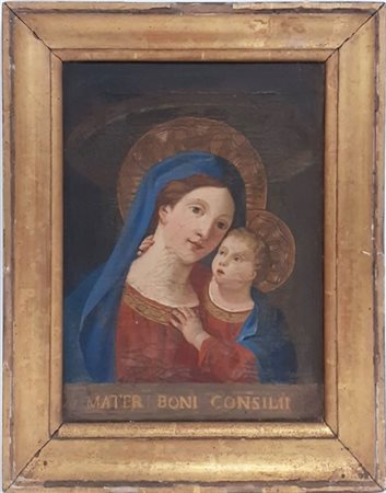 Ignoto, dipinto ad olio su tela raffigurante Madonna con Bambino, iscritto in b