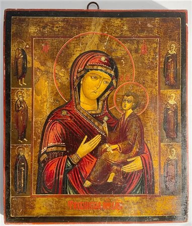 Icona russa, fine secolo XIX. Madonna Odigitria con Bambino, tempera su tavola