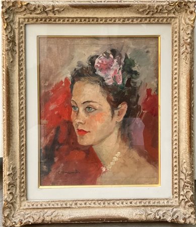 Cesare Monti "Ragazza con rosa" olio su tela (cm 32x27) Firmato in basso a sinis