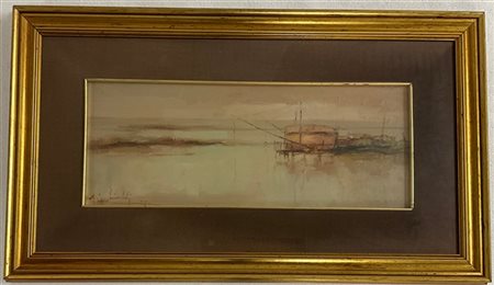 Cesare Mischiatti "Pesca con bilancione in valle" olio su masonite (cm 15x39) fi