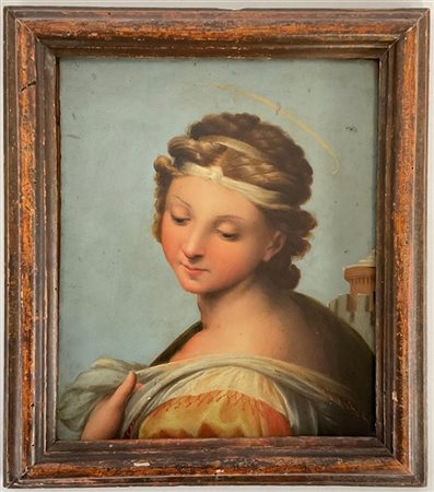 Ignoto, copia da Raffaello, Santa Barbara, olio su rame (cm 22x18,5) in cornice (difetti)