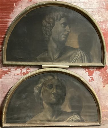 Scuola del XIX secolo, coppia di grisaille ad olio su tela raffiguranti figure classiche (cm 79,5x138)