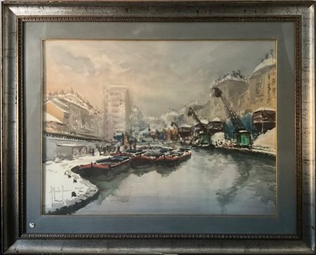 Alfredo Zecca "Darsena silente" 1978, acquerello su carta (cm 58x79) Firmato in