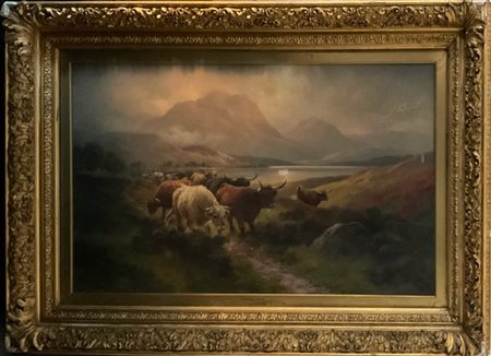 H.R. Hall "Moorland drove" olio su tela (cm 60x108) Firmato in basso a sinistra.