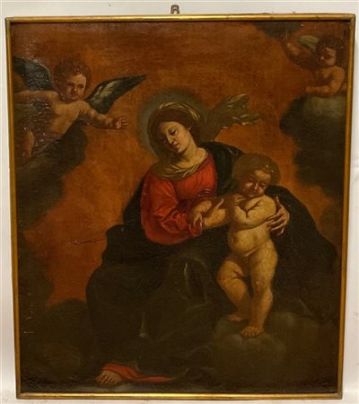 Ignoto, antico dipinto raffigurante Madonna con Bambino, olio su tela (cm 104x8